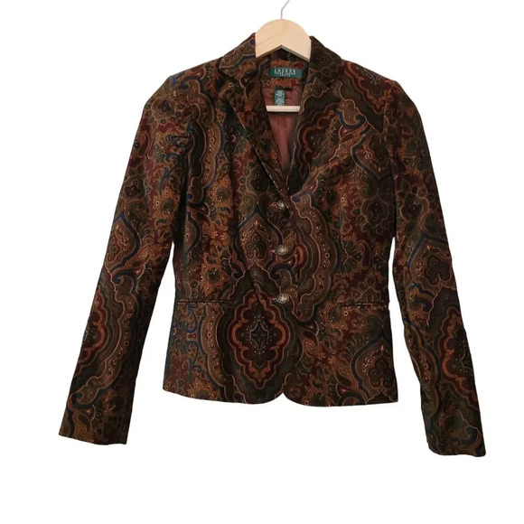 Vintage Ralph Lauren Paisley Printed Velvet Damask Blazer Jacket Sz Petite 90s - Picture 1 of 10